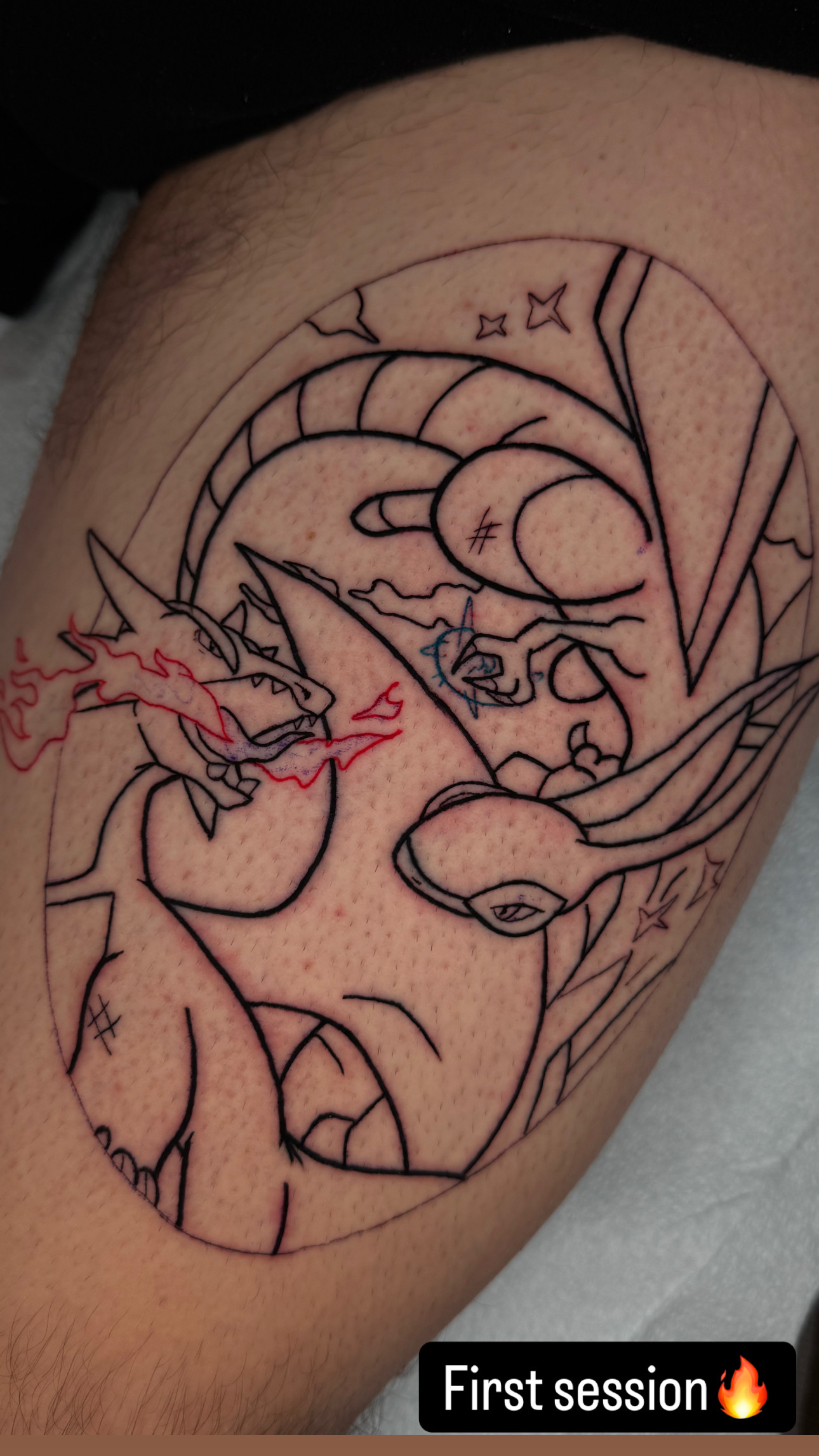 Line art Pokémon battle scene with red accents tattoo